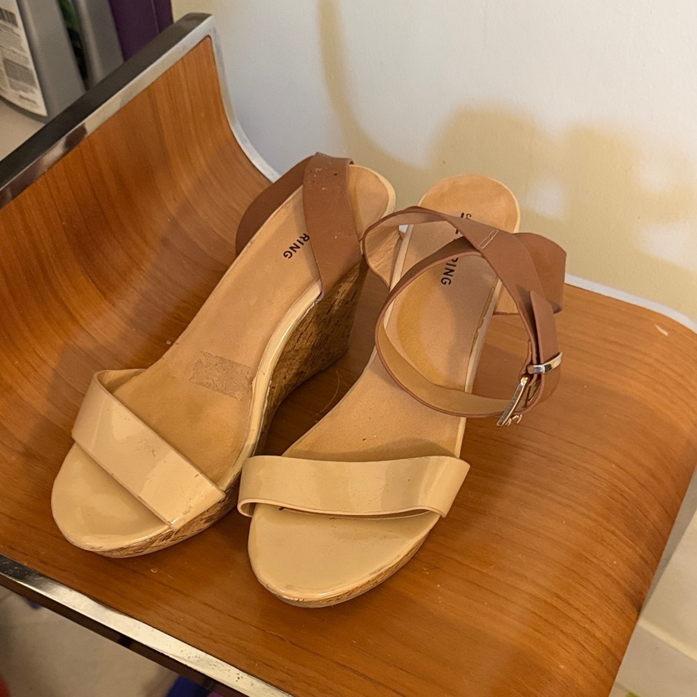 Call It Spring Tan and Cream Wedges